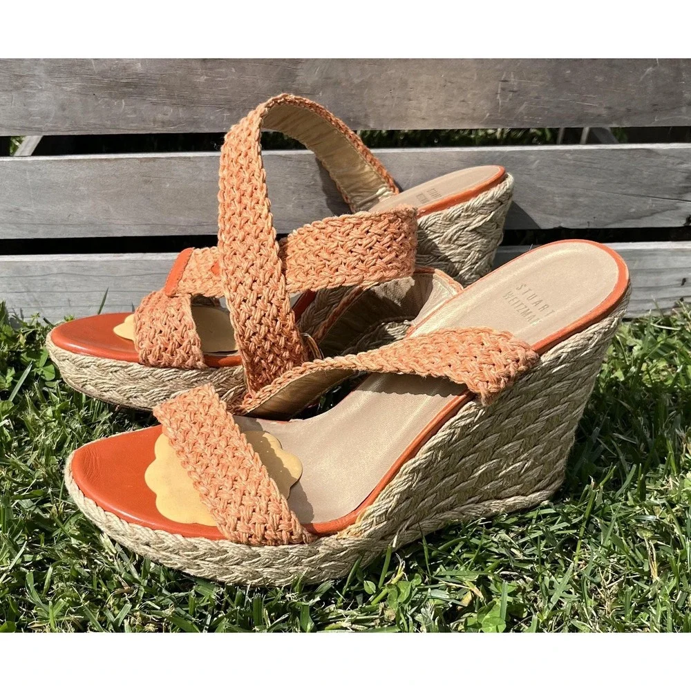 Stuart Weitzman Shoes Womens Size 10 Orange Woven Espadrille Wedge Sandals 39111